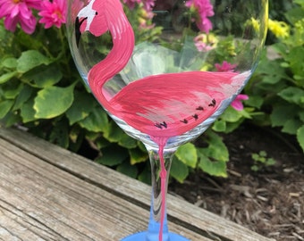 Pink flamingo wine glass - hand painted, retirement gift, Island wedding glass, gift for her.