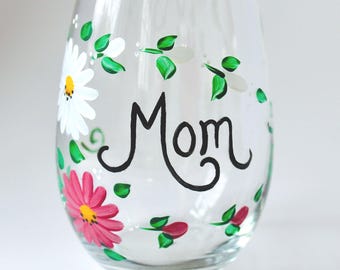 Hand Painted Stemless Wine Glass – Daisies for Mom, April Birthday