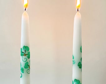 Shamrock candles, Set of two 12 inch unscented tapers - cotton wicks - slow burning- hand painted.