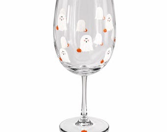 Halloween ghost wine glass with pumpkins, minimalist design, hostess gift, Fall decor, October Birthday gift.