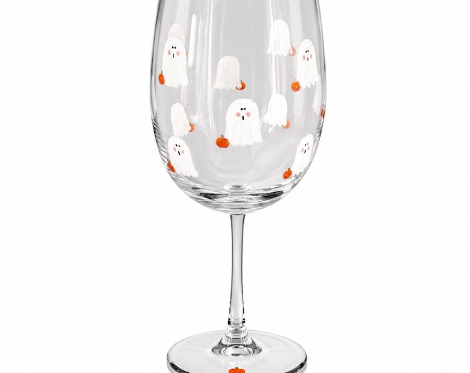 Halloween Ghost Wine Glass, Hand-Painted Pumpkins, Minimalist Fall Decor, October birthday gift