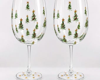 Hand Painted Christmas Tree Wine Glasses, set of two.  Festive holiday drinkware, hostess gift.