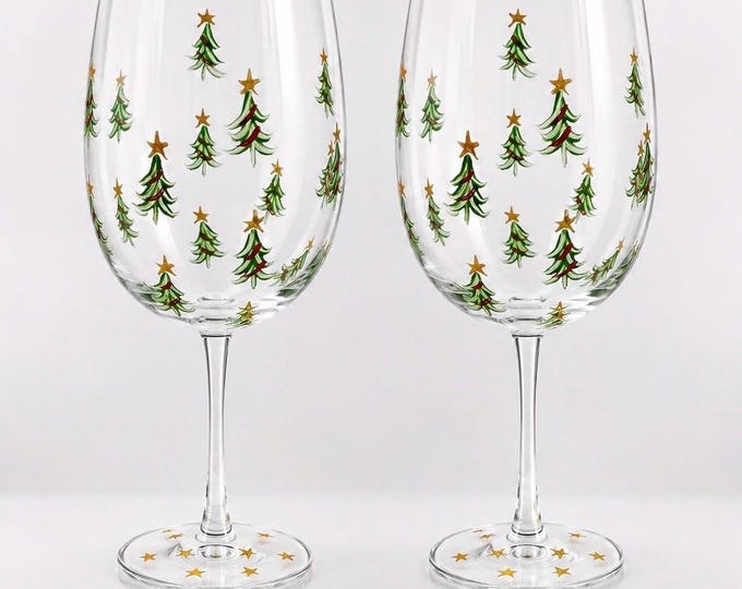 Hand Painted Christmas Tree Wine Glasses, set of two.  Festive holiday drinkware, hostess gift.