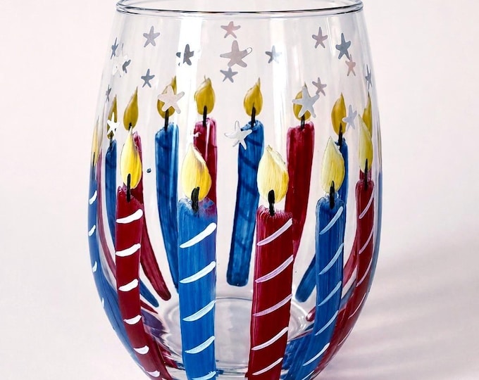Hand Painted Patriotic Wine Glass, Red Blue Candles Stars Stripes