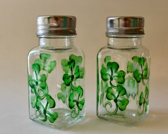 Shamrock Salt and Pepper Shakers, hand painted glass set, Irish table decor, St. Patrick's Day decor, gift under 25.