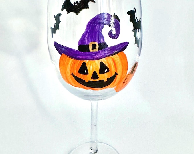 Halloween Party Wine Glass: Pumpkin Witch with Purple Hat made in USA