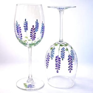 Hand Painted Wildflower Lavender Wine Glasses Floral Stemware set of 2 Botanical Gift