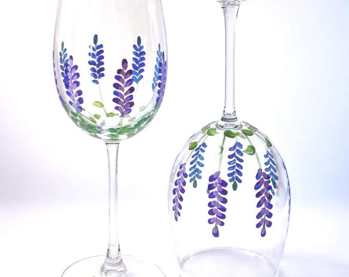 Minimalist lavender wine glasses, hand painted, floral decor, personalized Mother’s Day gift, purple flowers. Made in USA.