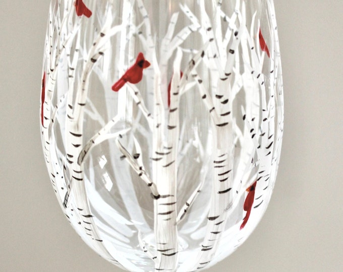 Hand painted cardinal wine glass with birch trees - Memorial gift