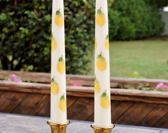 Hand Painted Lemon Taper Candles: Citrus Decor Set of 2
