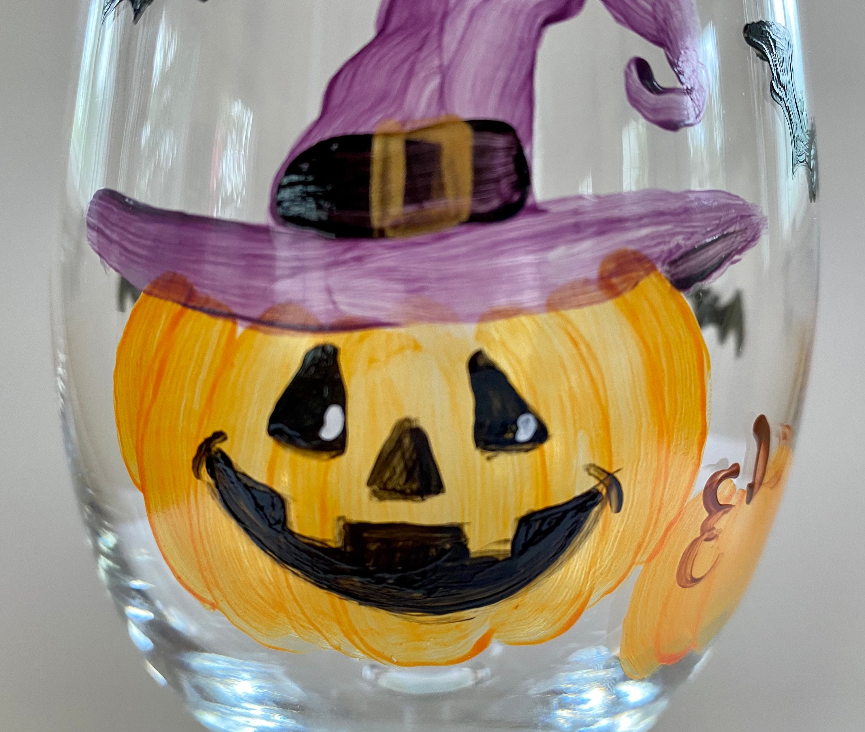 Painted Wine Glass Halloween Snoopy as Witch with Woodstock