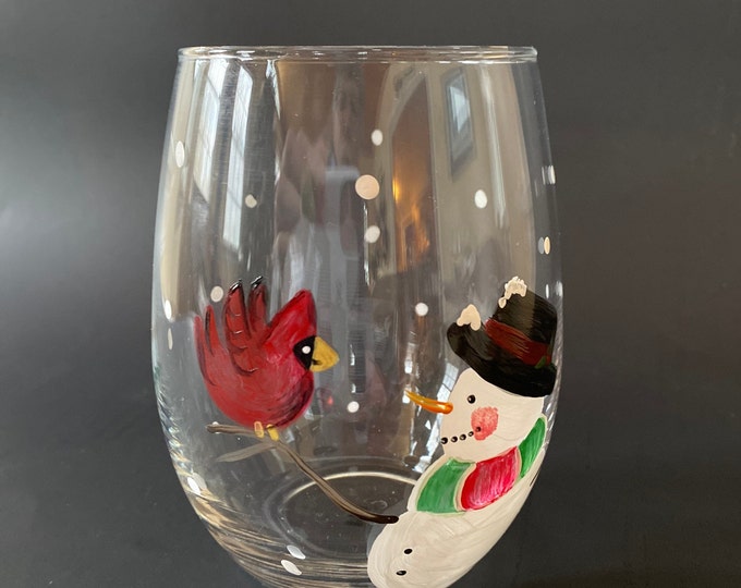 Cardinal Snowman Wine Glass, Hand-Painted Stem or Stemless, Memorial gift, Christmas decor, Festive Gift for Wine Lover.