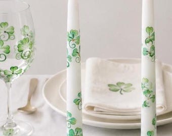 Hand Painted Shamrock Candles, Irish Set of 2, Unscented Slow Burning