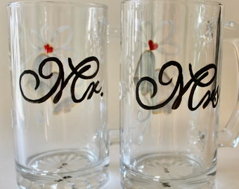 Wedding beer mugs. Set of 2.  Mr. and Mrs. beer glasses.  Hand painted.  16 oz. each.  Engagement gift.  Wedding gift.