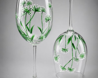 Hand Painted Dandelion Wine Glasses gift set: Minimalist Floral Design.