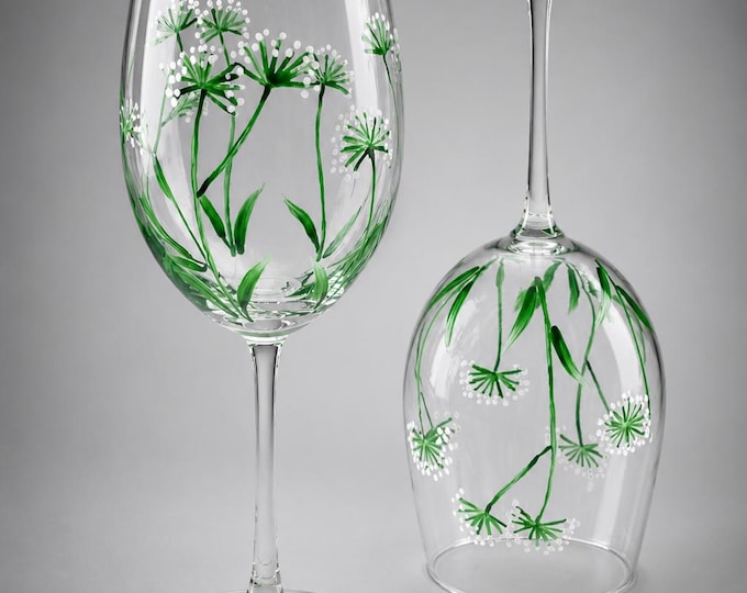 Hand Painted Dandelion Wine Glasses gift set: Minimalist Floral Design.