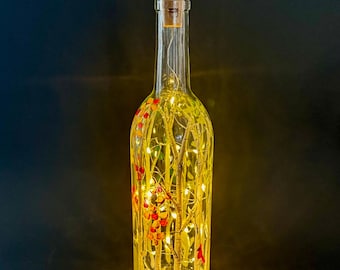 Hand Painted Four Season Birch Tree Wine Bottle Light: Floral Decor, LED Fairy Lights