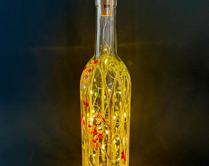 Hand Painted Four Season Birch Tree Wine Bottle Light: Floral Decor, LED Fairy Lights