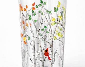 Hand Painted Birch Tree Glass Vase: Four Seasons Floral Decor