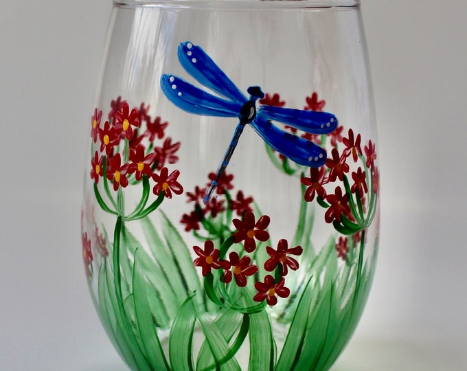 Hand painted wine glass with Dragonfly - Nature decor - Wildflower art