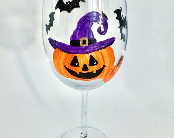 Halloween Party Wine Glass: Pumpkin Witch with Purple Hat made in USA