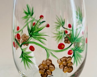Christmas party hostess gift stemless wine glass with hand painted pine cones USA made winter decor