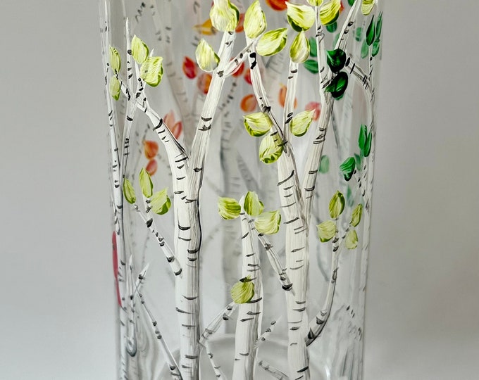 Hand painted glass vase - four seasons Birch trees / floral Mother's Day gift