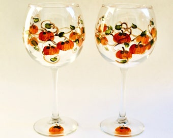 Hand Painted Pumpkin Wine Glasses - Thanksgiving Autumn Decor (Set of 2)