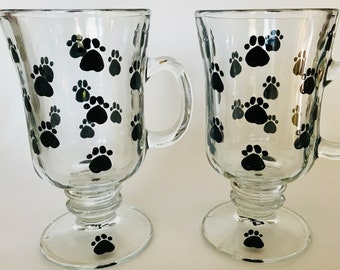 Hand painted Paw Mugs.  Irish coffee glasses. Gift for her.  Pet parent glass. Birthday gift for animal lover.