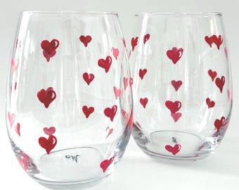 Hand Painted Hearts Wine Glasses - Minimalist, Wedding Gift, Set of Two