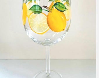 Lemon wine glass, hand painted citrus decor, hostess gift