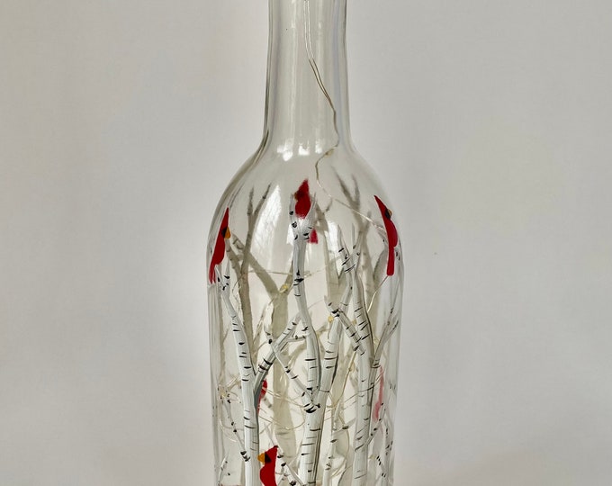 Cardinal Birch Tree Bottle Light - LED Memorial Gift, Decorative Glass, Bookshelf Art - Hand Painted, Battery Operated