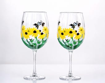 Hand Painted Wine Glasses set of 2  – Bees, Wildflowers, Garden Decor