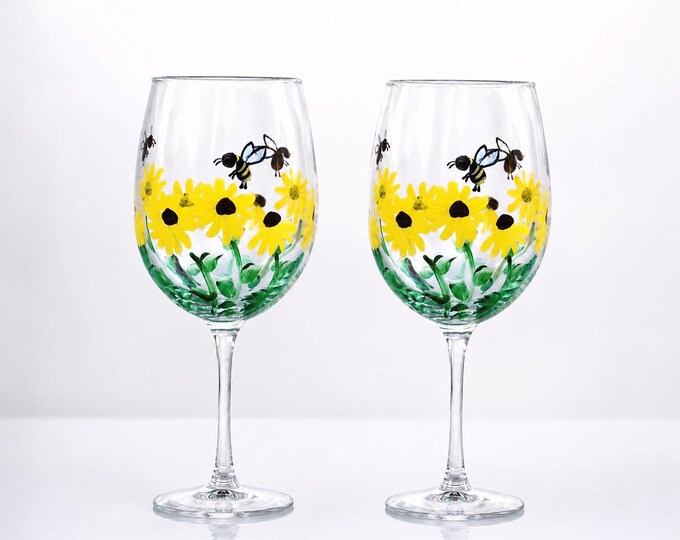 Hand Painted Wine Glasses set of 2  – Bees, Wildflowers, Garden Decor
