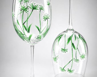 Hand Painted Wine Glasses gift set of 2 Wildflower Dandelion Floral Design.