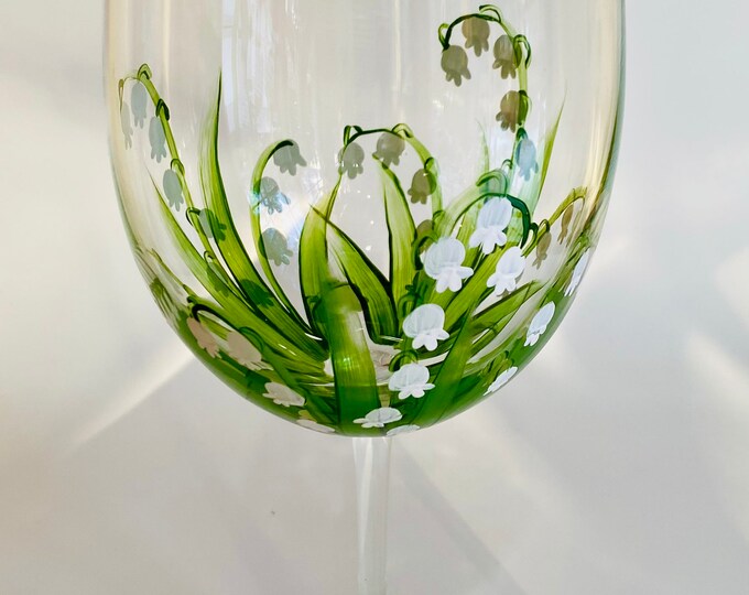 Lily of the Valley hand painted wine glass.  Made in USA.