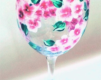 Hand Painted Floral Wine Glass: Pink Hydrangeas, Garden Wedding
