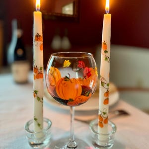 Hand Painted Pumpkin Wine Glass: Fall Leaves Thanksgiving Decor