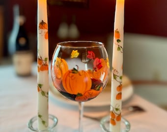 Hand Painted Pumpkin Wine Glass: Fall Leaves Thanksgiving Decor