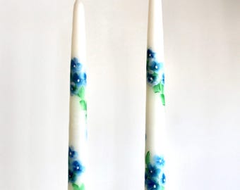 Hand Painted Hydrangea Taper Candles - Set of Two 12" Unscented made in USA