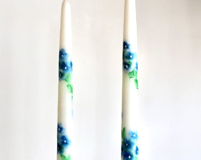 Hand Painted Hydrangea Taper Candles - Set of Two 12" Unscented made in USA