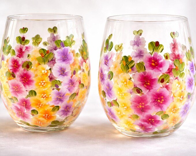 Hand Painted Floral Wine Glasses - Stemless Gladiolus Set