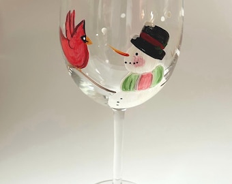 Snowman and Cardinal Wine Glass: Winter holiday decor, hand painted Memorial Gift
