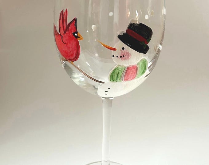 Snowman and Cardinal Wine Glass: Winter holiday decor, hand painted Memorial Gift