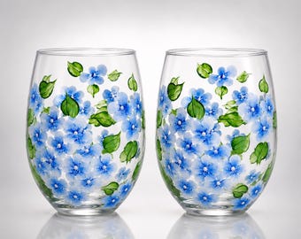 Hand Painted Blue Hydrangea Stemless Wedding Glass set of 2: Garden Bridal glasses, floral botanical decor