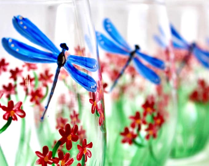 Hand Painted Dragonfly Wine Glass, Custom Botanical Floral Nature Decor