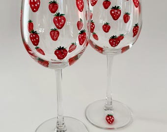 Hand Painted Strawberry Wine Glasses - Minimalist Set of 2