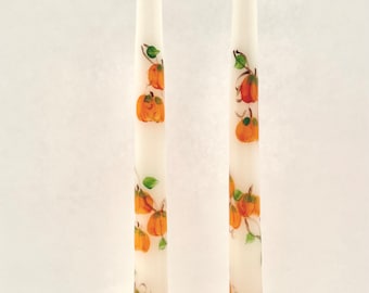 Taper candles with pumpkins and Fall leaves, hand painted. Slow burning, unscented. Cotton wicks. Thanksgiving decor.