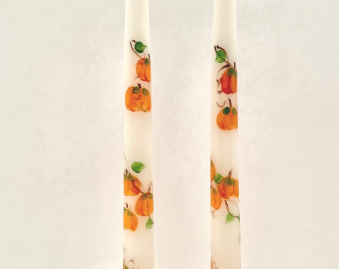 Taper candles with pumpkins and Fall leaves, hand painted. Slow burning, unscented. Cotton wicks. Thanksgiving decor.