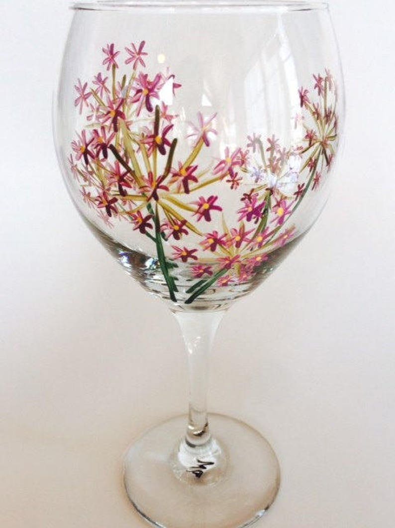 Chive Herb Flower Hand Painted Wine Glass. Made in USA. Etsy
